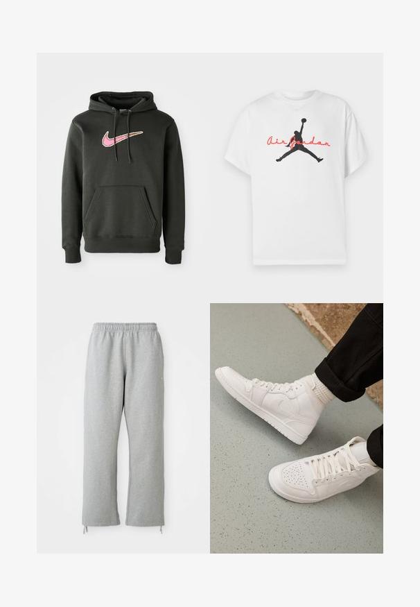 Donkergrijze hoodie van een katoenmix, met een groot roze en bruine Nike-logo op de borst, met een voorzak en een capuchon met trekkoord.; Wit katoenen T-shirt met een zwarte silhouet van een basketballer en rode "Air Jordan" tekst over de borst. Korte mouwen, klassieke pasvorm.; Grijze sweatpants met een elastische tailleband, rechte pijpen en trekkoordaccenten aan de zoom. Gemaakt van zachte, gestructureerde stof.; Witte hoge sneakers van glad leer met een geperforeerde teen, vetersluiting en subtiele logo-details aan de zijkant. Geprofileerde rubberen zool.