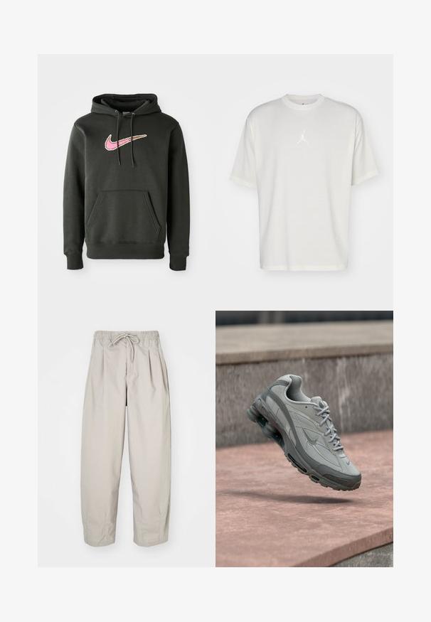 Mørkegrå hættetrøje lavet af blanding af bomuld, med et stort pink og brunt Nike-logo på brystet, samt en frontlomme og snoretræk til hætten.; Hvid bomulds t-shirt med rund halsudskæring, korte ærmer og et lille broderet logo i midten. Løst fit design med minimal syning.; Beige, lette bukser med elastisk talje og snor. Har plisseringer og en løs pasform, lavet af blødt, glat stof.; Grå og hvid Nike-sneaker ophængt over et stentrin med synlig luftpolstring og tekstureret sål.