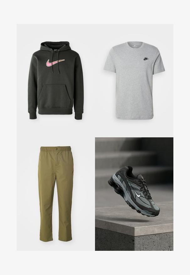 Dunkelgrauer Hoodie aus Baumwollmischung, mit einem großen pinken und braunen Nike-Logo auf der Brust, einer Fronttasche und einer Kordelzugkapuze.; Graues T-Shirt mit kurzen Ärmeln aus Baumwolle, mit einem schwarzen Nike-Logo auf der Brust und einem runden Ausschnitt. Minimalistisches Design ohne Muster.; Olivegrüne Hose mit elastischem Bund, Knopfverschluss und lockerer Passform. Hergestellt aus leichtem Material und ausgestattet mit seitlichen Taschen.; Grauer und schwarzer Sportschuh mit Netzpaneelen und dicker Sohle, schwebend in der Luft über einer Betonmauer mit Treppen im Hintergrund.