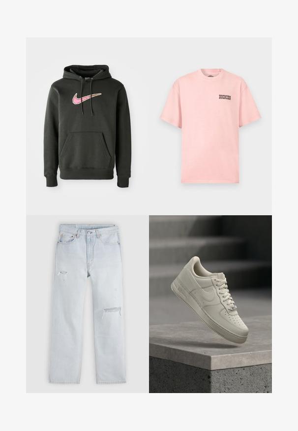 Dunkelgrauer Hoodie aus Baumwollmischung, mit einem großen pinken und braunen Nike-Logo auf der Brust, einer Fronttasche und einer Kordelzugkapuze.; Hellrosa Kurzarm-T-Shirt mit Rundhalsausschnitt und kleinem schwarzem "Dickies"-Logo auf der linken Brust.; Hellblaue Jeans aus Denim mit geradem Schnitt, versehen mit Used-Details und ausgefransten Stellen. Standard-Fünf-Taschen-Design mit Metallnieten.; Ein einzelner beigefarbener Sneaker mit Schnürsenkeln schwebt über einer grauen Betonfläche, Nike-Swoosh sichtbar, Treppenhintergrund unscharf.