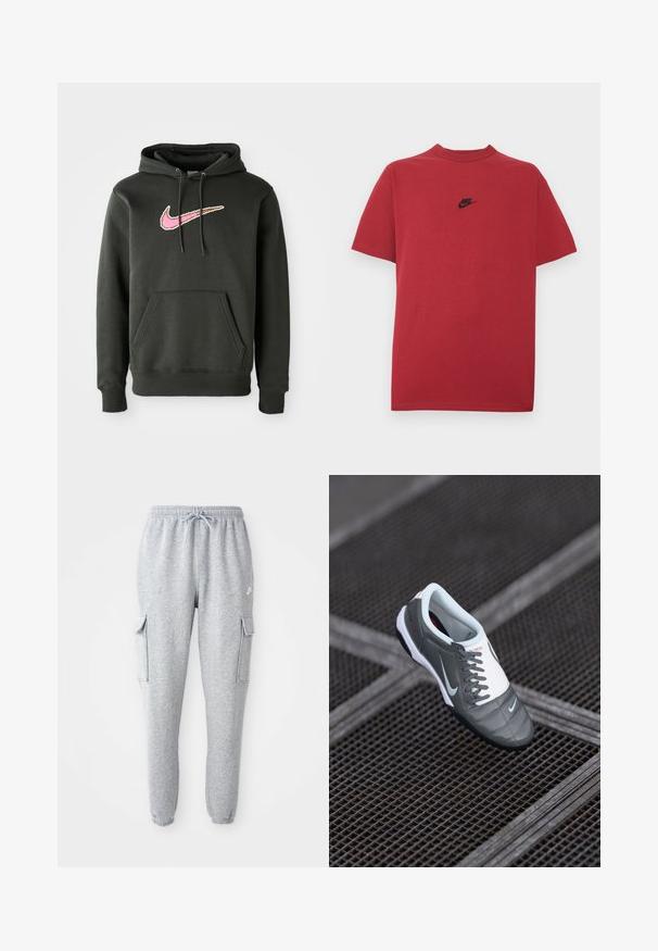 Tumehallist puuvillasegust kapuutsiga dressipluus, mille rinnal on suur roosa ja pruun Nike logo, ees tasku ja stringide reguleeritav kapuuts.; Punane puuvillane T-särk, millel on must Nike'i logo rinnal, lühikesed varrukad, ümar kaelus ja tavapärane lõige. Sile tekstuur.; Hallid hallid dressipüksid, mis on valmistatud pehmest kangast ja millel on elastne vöökoht koos nööridega, kaks külgset kottide taskut ja kitsenevad sääred.; Halluxhall kehaha jooksehall, sujuva tekstuuriga pealispind, valged aktsendid, silmatorkavad nöörid ja must kummitald, millel on külgedel väike logo.