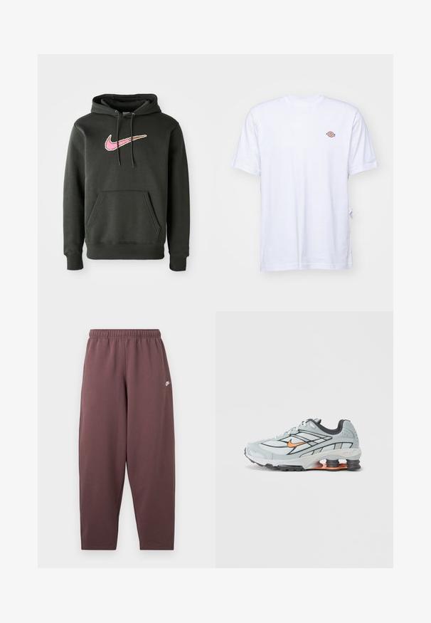 Dunkelgrauer Hoodie aus Baumwollmischung, mit einem großen pinken und braunen Nike-Logo auf der Brust, einer Fronttasche und einer Kordelzugkapuze.; Weißes Baumwoll-T-Shirt mit V-Ausschnitt und kurzen Ärmeln. Besitzt ein kleines, buntes, gesticktes Logo auf der linken Brustseite. Weiches Material.; Weit geschnittene dunkel mauvefarbene Jogginghose mit elastischem Bund und kleinem weißem Nike-Swoosh-Logo am oberen Oberschenkel.; Hellgrauer Laufschuh mit schwarzen Akzenten, orangefarbenem Logo, Mesh-Obermaterial, gepolstertem Schaft und Gummisohle mit sichtbaren stoßdämpfenden Einheiten.