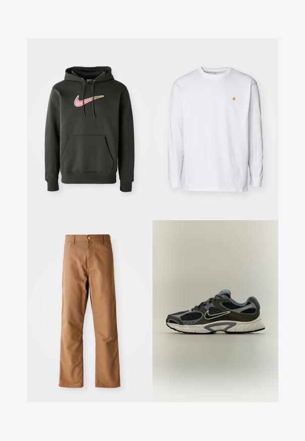 Donkergrijze hoodie van een katoenmix, met een groot roze en bruine Nike-logo op de borst, met een voorzak en een capuchon met trekkoord.; Witte lange mouwen t-shirt van katoen. Voorzien van een klein gouden logo op de borst en een ronde hals. Eenvoudig ontwerp en standaard pasvorm.; Bruine rechte broek met riemlussen, voorkant zakken, knoopsluiting en rits op een witte achtergrond.; Zwarte en grijze Nike hardloopschoen met witte zool en swoosh, ademende meshpanelen en gevoerde kraag, getoond in profiel op een neutrale achtergrond.