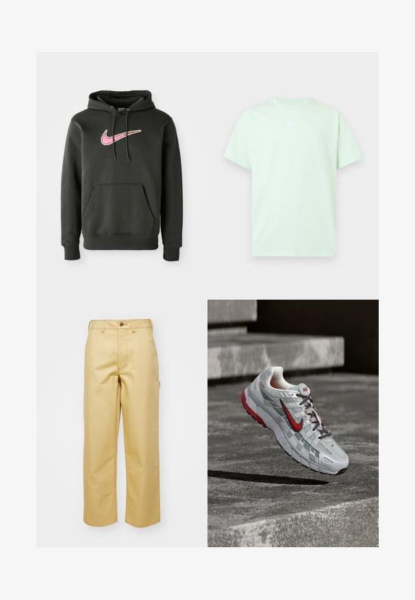 Mørkegrå hættetrøje lavet af blanding af bomuld, med et stort pink og brunt Nike-logo på brystet, samt en frontlomme og snoretræk til hætten.; Lys grøn Nike T-shirt med korte ærmer, rund hals og lille hvidt logo centreret på brystet mod en ensfarvet baggrund.; Beige, vidde bukser lavet af bomuld med frontknaplukning, bæltestropper og sidelommer. Glat tekstur med synlige syninger.; Hvid og grå Nike løbesko med røde accenter og sorte snørebånd, ophængt over grå beton-trin.