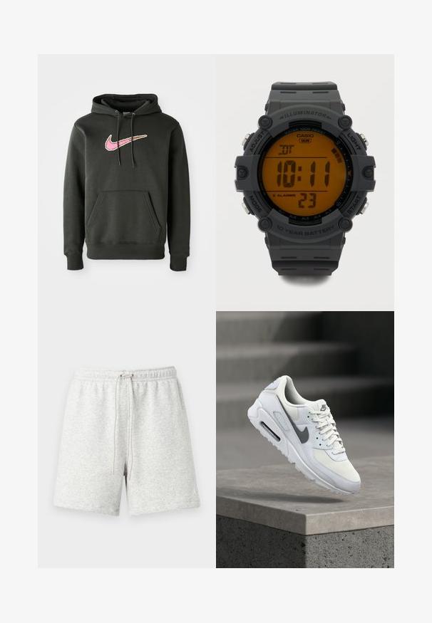 Dunkelgrauer Hoodie aus Baumwollmischung, mit einem großen pinken und braunen Nike-Logo auf der Brust, einer Fronttasche und einer Kordelzugkapuze.; Hellgraue Baumwollshorts mit elastischem Bund und verstellbarem Kordelzug. Verziert mit einem weißen Logoakzent an der unteren linken Seite.; Weißer Nike Air Max Sneaker mit grauem Swoosh schwebt über einer Betonkante, zeigt Seiten- und Vorderansichten.; Digitaler Casio-Uhr mit schwarzem Armband, orange hintergrundbeleuchtetem Display, das 10:11 zeigt, 5 Alarme, wasserdicht bis zu 100 Meter, 10 Jahre Batterielaufzeit.