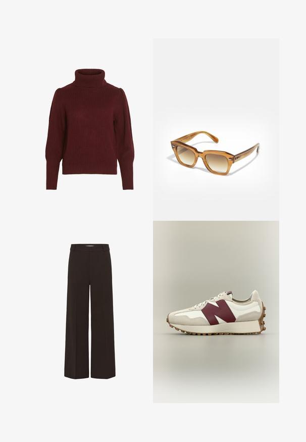 Suéter de punto burdeos con cuello alto, textura acanalada, mangas largas y detalles fruncidos en los hombros.; Pantalones negros de pierna ancha con trabillas para cinturón y detalle de costura frontal, diseñados para un look formal o business casual.; Zapatilla blanca y beige con logo "N" en burdeos, cierre de cordones en la parte delantera y suela marrón texturizada, mostrada sobre un fondo neutro y simple.; Gafas de sol rectangulares con tinte ámbar, lentes degradados, montura gruesa y textura suave. Presentan un sutil logotipo en el lateral.