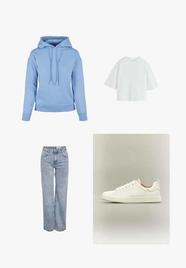Lyseblå hættetrøje lavet af blødt stof, har snøre i hætten, ribbede manchetter og kant, med en afslappet pasform og minimal detaljer.; Simpel hvid oversized T-shirt med korte ærmer, rund hals og løs pasform.; Lyseblå vidde jeans lavet af denim, med høj talje, fem-lomme design og subtil falmning for et slidt look.; Hvid lav sneaker med snørebånd, perforerede sidedetaljer og en trækflap på hælen, sat mod en neutral baggrund.