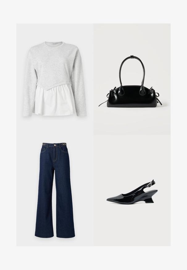 Haut gris à manches longues avec un design superposé, comprenant une section supérieure texturée et une section inférieure blanche froncée. Encolure ronde.; Des jeans en denim bleu marine à jambes larges présentent une taille haute, des accents en chaîne dorée à la taille, et des détails de couture contrastants tout au long.; Chaussure slingback en cuir verni noir avec bout pointu et petit talon bloc incliné sur fond clair uni.; Petit sac à main noir brillant avec deux longues anses et des détails à cordon sur les côtés sur un fond clair uni.