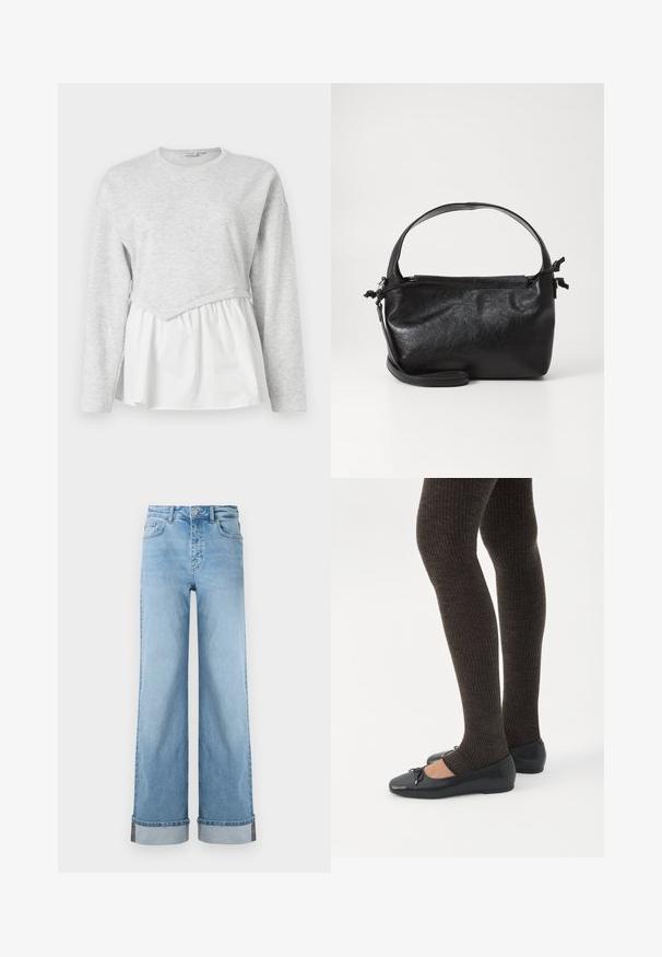 Grå langærmet top med lagdelt design, med en tekstureret overdel og en hvid, samlede nederdel. Rund halsudskæring.; Lyseblå, vide jeans i klassisk denim med høj talje, prydet med opbrettede kanter og synlig søm.; Ben iført mørke ribbede leggings kombineret med sorte balletsko med små sløjfedetaljer på hvid baggrund.; Sort læderhåndtaske med et struktureret design, rund tophåndtag og aftagelig skulderrem. Den har en glat tekstur og en subtil glans.