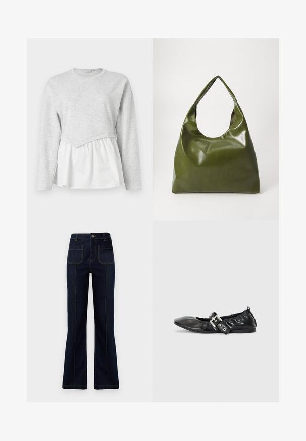 Haut gris à manches longues avec un design superposé, comprenant une section supérieure texturée et une section inférieure blanche froncée. Encolure ronde.; Jeans évasés bleu foncé en denim, dotés d'une taille haute, de deux poches arrière et de coutures visibles le long des coutures.; Chaussure plate en cuir noir avec un nez pointu, des détails froncés autour de l'ouverture et un accent en boucle argentée sur la bride ajustable.; Sac hobo en cuir vert au design décontracté, avec une poignée incurvée et une texture lisse. Ne contient aucun matériel ou accent visible.
