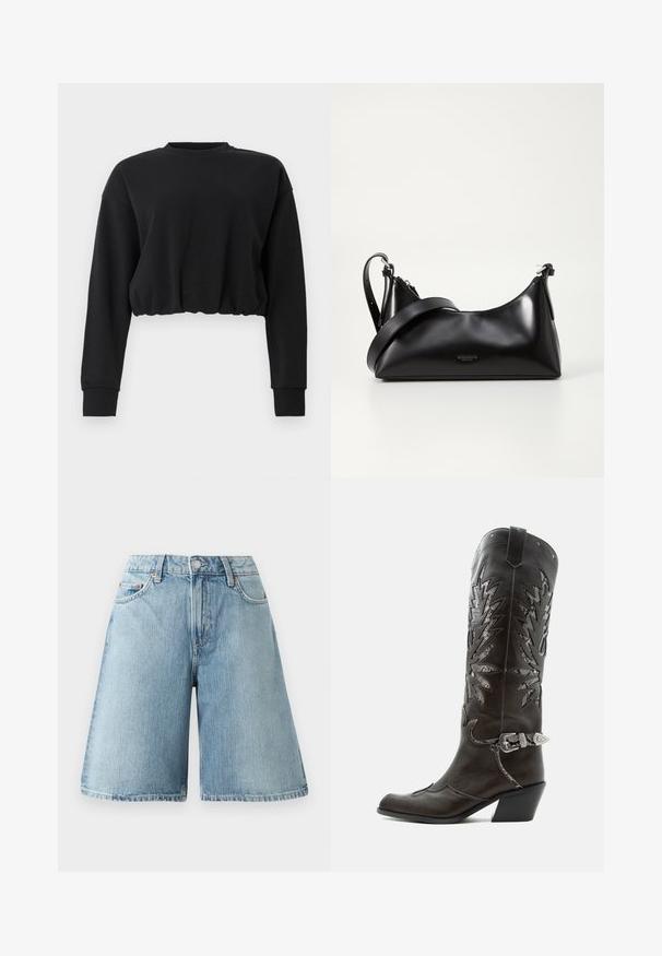 Schwarzes, kurz geschnittenes Sweatshirt aus weichem Stoff. Mit langen Ärmeln, rundem Ausschnitt und einem gerafften Saum für eine lockere Passform. Schlichtes Design.; Helle blaue Jeansshorts mit lockerer Passform, mittlerer Bundhöhe, fünf Taschen und kontrastierenden Nähten. Der Stoff hat eine weiche Textur.; Schwarzer Leder-Cowboystiefel mit dekorativen Ausschnitten, silberner Schnalle und schräger Ferse, auf weißem Hintergrund dargestellt.; Schwarze lederne Handtasche mit glatter Textur. Verfügt über einen verstellbaren Riemen und ein elegantes, minimalistisches Design mit einem Reißverschluss.