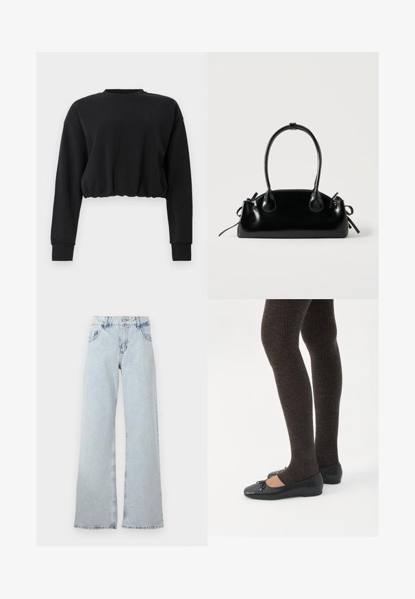 Schwarzes, kurz geschnittenes Sweatshirt aus weichem Stoff. Mit langen Ärmeln, rundem Ausschnitt und einem gerafften Saum für eine lockere Passform. Schlichtes Design.; Hellblaue weite Jeans aus Denim, mit hoher Taille, Gürtelschlaufen, fünf Taschen und ausgebleichten Bereichen für einen Vintage-Look.; Beine in dunklen, gerippten Leggings kombiniert mit schwarzen Ballerinas mit kleinen Schleifendetails auf weißem Hintergrund.; Kleine schwarze glänzende Handtasche mit zwei langen Griffen und seitlichen Kordelzug-Details vor einfachem hellem Hintergrund.
