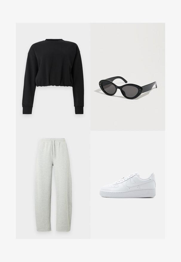 Zwarte cropped sweatshirt gemaakt van zachte stof. Heeft lange mouwen, een ronde halslijn en een gathered zoom voor een relaxte pasvorm. Eenvoudig ontwerp.; Lichtgrijze joggingbroek met een elastische tailleband en trekkoord. De stof heeft een zachte textuur en rechtvallende, losse pijpen.; Witte Nike Air Force 1 lage sneaker met vetersluiting, geperforeerde neus en het kenmerkende swoosh-logo aan de zijkant.; Zwarte zonnebril met een oversized kattenoogvorm. Gladde plastic monturen met donkere lenzen en kleine steraccenten aan de zijkanten.