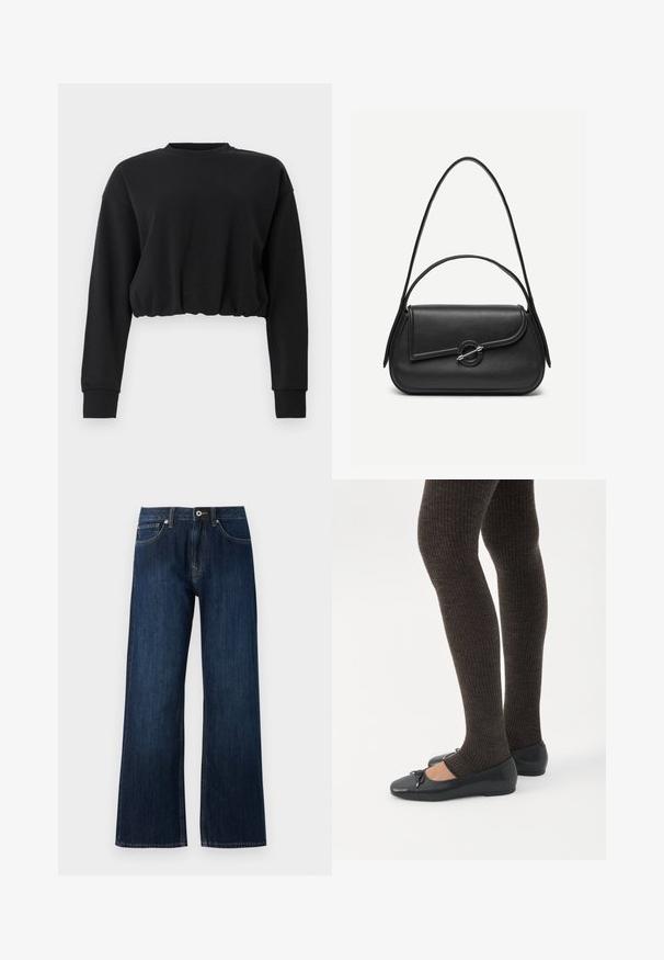 Zwarte cropped sweatshirt gemaakt van zachte stof. Heeft lange mouwen, een ronde halslijn en een gathered zoom voor een relaxte pasvorm. Eenvoudig ontwerp.; Wijdvallende donkerblauwe spijkerbroek van denim, met een rits, knoopsluiting en twee voorzakken met contrasterende stiksels.; Benen met donkere geribbelde leggings gecombineerd met zwarte ballerina's met kleine strikdetails op een witte achtergrond.; Zwarte leren handtas met afgeronde hoeken, asymmetrische klep, metalen ronde sluiting en zowel korte als lange schouderriemen.