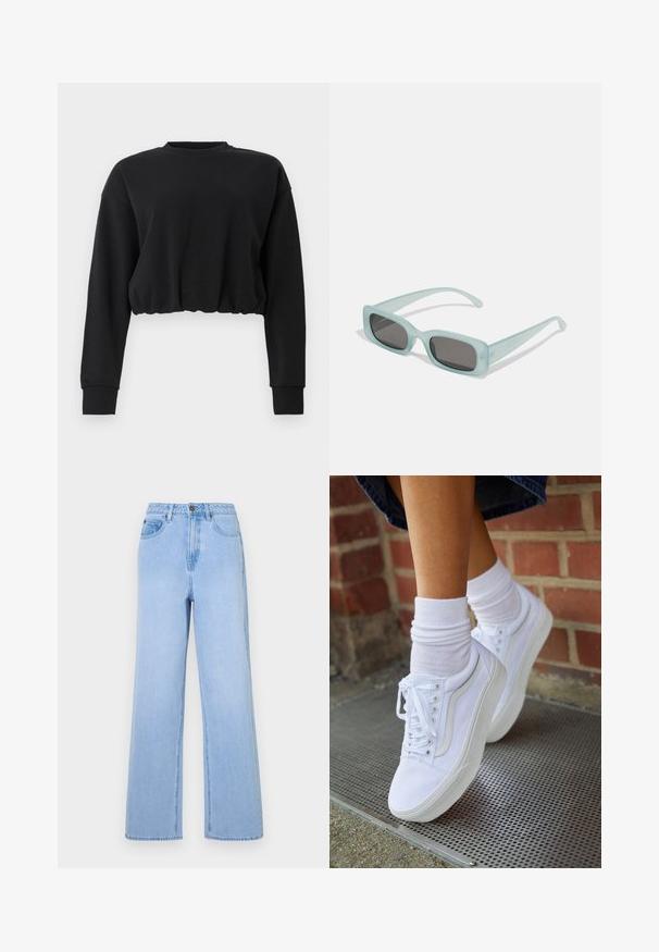 Zwarte cropped sweatshirt gemaakt van zachte stof. Heeft lange mouwen, een ronde halslijn en een gathered zoom voor een relaxte pasvorm. Eenvoudig ontwerp.; Lichtblauwe high-waisted jeans met een wijd uitlopende pasvorm, gemaakt van denim. Kenmerkt zich door opvallende stiksels en een vijf-pocket styling.; Witte canvas sneakers met rubberen zolen, voorzien van zes vetertjes, een ronde neus en lichte stikdetails, gecombineerd met witte enkelsokken.; Een paar rechthoekige zonnebrillen met lichtblauwe doorzichtige monturen en donkergrijze glazen, met rechte pootjes en minimale hardwaredetails.