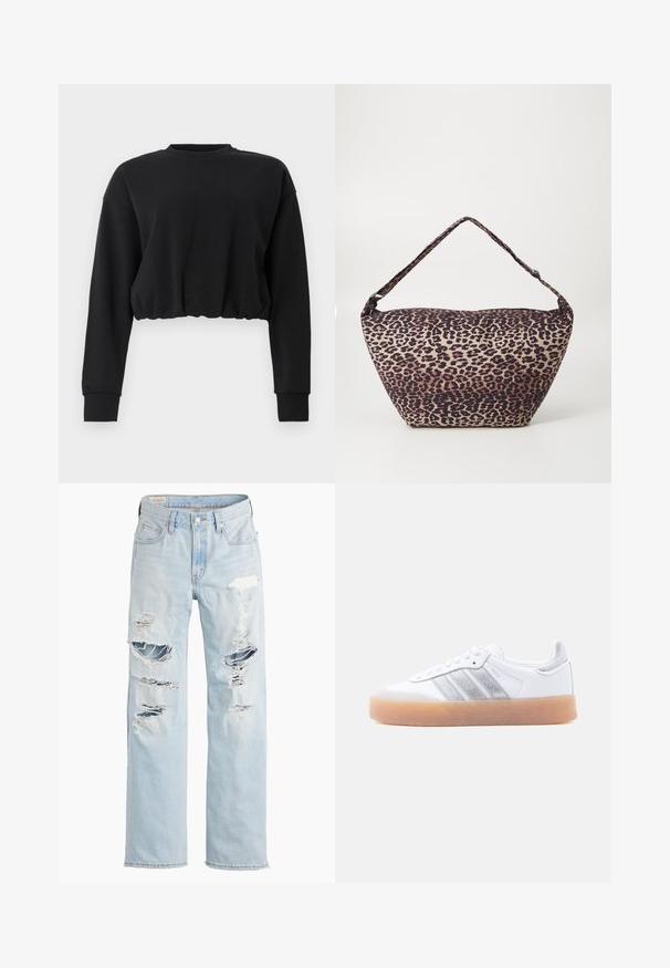Musta lühikeste varrukate ja pehmete kangastega crop-sweater. Omab pikki varrukaid, ümmargust kaelust ja kogutud hemmi, et tagada mugav istuvus. Lihtne disain.; Hele sinised teksapüksid mitmete suurte rebendite ja kulunud äärtega esireitel ja põlvedel, sirge säärega lõige.; Valge madala lõikega toss, kummist tallaga, hõbedaste triipudega külgedel ja paeltega kinnitatav, esitatud tavalise hele tausta ees.; Leopardi mustriga kangast õlarihmaga kott, millel on lai, asümmeetriline kuju, tekstureeritud pind ja üks pehmendatud õlarihm.