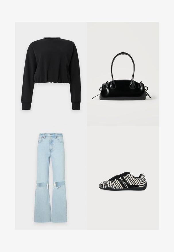 Sweatshirt noir cropped en tissu doux. Présente des manches longues, un col rond et un ourlet froncé pour un ajustement décontracté. Design simple.; Jean en denim bleu clair, évasé, avec des détails déchirés aux genoux, dotés d'une taille haute et d'un ourlet brut. Coutures renforcées et style classique à cinq poches.; Baskets à lacets noires et blanches avec motif rayures zèbre et semelle noire texturée sur un fond clair uni.; Petit sac à main noir brillant avec deux longues anses et des détails à cordon sur les côtés sur un fond clair uni.