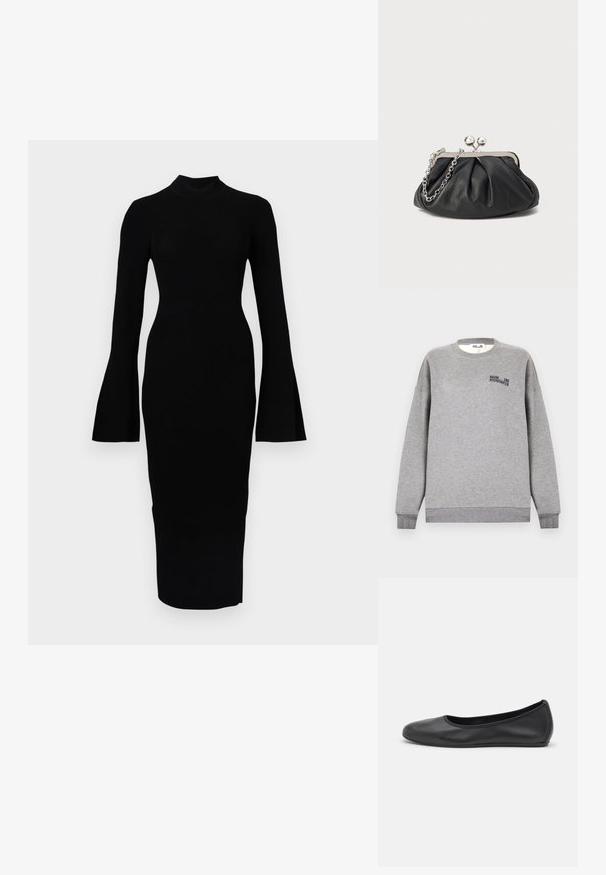 Sweat-shirt gris à col rond, coupe décontractée et poignets côtelés. Présente un petit logo en texte noir sur le devant. Matière en mélange de coton doux.; Robe midi noire ajustée avec col montant et manches longues évasées, présentée sur un fond clair uni.; Ballerines en cuir noir avec un bout rond, texture lisse, détails de couture minimalistes et design de semelle flexible.; Porte-monnaie en cuir noir avec texture froncée, cadre en métal argenté, fermeture à verrouillage kiss-lock et bandoulière en chaîne. Surface lisse et douce.