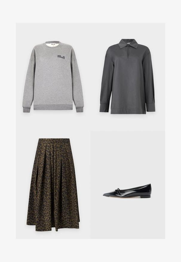 Sweat-shirt gris à col rond, coupe décontractée et poignets côtelés. Présente un petit logo en texte noir sur le devant. Matière en mélange de coton doux.; Chemise à manches longues gris foncé avec col, encolure en forme de goutte et larges poignets, présentée sur un fond blanc uni.; Jupe midi plissée à imprimé léopard vert et noir, avec une taille haute et une silhouette trapèze.; Chaussure plate en cuir verni noir avec un bout pointu, une petite lanière décorative et un petit talon carré. Texture lisse et design épuré.