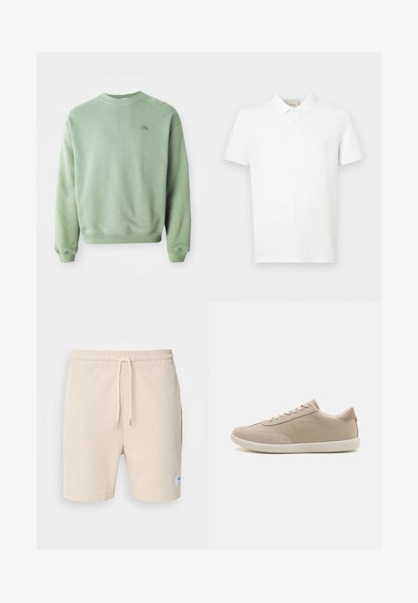 Svetlozelený crewneck sveter s dlhými rukávmi a malým vyšitým logom krokodíla na ľavej hrudi.; Biele polo tričko vyrobené z mäkkého bavlneného materiálu, s krátkymi rukávmi, klasickým golierom, dvojkým gombíkom a decentným logom na hrudi.; Krémové šortky vyrobené z textúrovanej látky. Majú elastický pás s šnúrkou a bočné vrecká. Malá nálepka na leme.; Bežové tenisky so zmesou semišových a plátenných materiálov, snosťami, okrúhlou špičkou, textúrovanou podrážkou a nenápadným logom značky na boku.