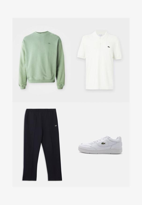 Svetlozelený crewneck sveter s dlhými rukávmi a malým vyšitým logom krokodíla na ľavej hrudi.; Biela polo košeľa vyrobená z hladkej bavlnenej tkaniny s klasickým golierom, trojbuttonovou légiou a malým zeleným logo krokodíla na hrudi.; Čierne športové nohavice s bočnými vreckami, elastickým pásom, jemnými bočnými pruhmi a malým zeleným logom krokodíla na pravom boku.; Biele kožené tenisky s perforovanou špičkou a zeleným krokodílím logom na vonkajšej strane. Obsahujú plochú podrážku a dizajn na šnurovanie.