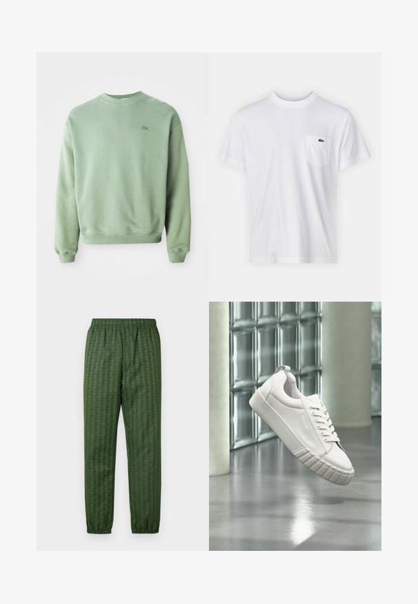 Lichtgroene crewneck sweatshirt met lange mouwen en een klein geborduurd krokodillenlogo op de linkerborst.; Witte katoenen t-shirt met een ronde halslijn en korte mouwen. Beschikt over een linkerkant borstzakje en een klein groen Lacoste-logo.; Groene sportbroeken met een elastische tailleband, taps toelopende benen en een geometrisch patroon. Gemaakt van lichtgewicht materiaal.; Witte lage sneaker met gestructureerde zool en veters, hangend voor een muur van glazen blokken en lichtgekleurde zuilen op een gepolijste vloer.