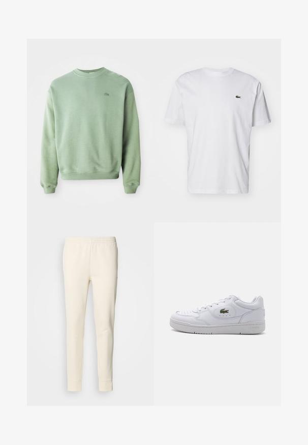 Sweatshirt vert clair à col rond avec des manches longues et un petit logo crocodile brodé sur la poitrine gauche.; T-shirt en coton blanc avec col rond, manches courtes et un petit logo brodé vert sur la poitrine. Design classique à coupe droite.; Pantalons de survêtement couleur crème en tissu doux, avec une taille élastique, des jambes fuselées et des chevilles resserrées. Design simple sans motifs.; Baskets en cuir blanc avec un bout perforé et un logo crocodile vert sur le côté extérieur. Comprend une semelle plate et un design à lacets.