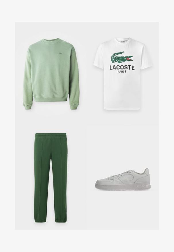 Svetlozelený crewneck sveter s dlhými rukávmi a malým vyšitým logom krokodíla na ľavej hrudi.; Lacoste Tričko s potlačou - white; Zelené teplákové nohavice vyrobené z mäkkej tkaniny; majú elastický pás, zúžené nohavice a malé logo na boku.; Biele nízke tenisky Lacoste so šnúrkami, reliéfne logo na boku a texturovaná podrážka na jednoduchom pozadí.