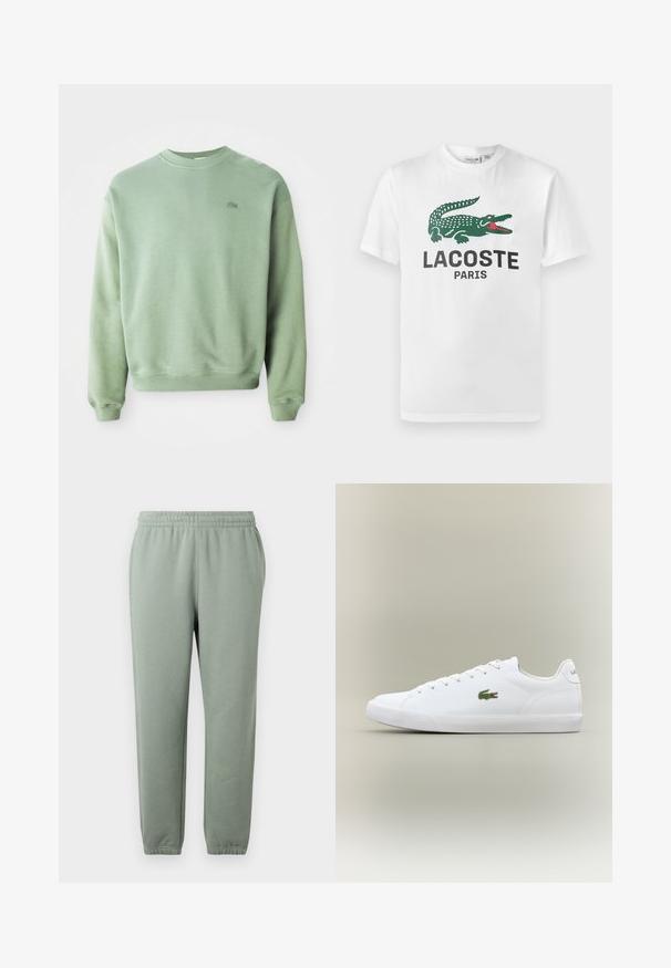 Hellgrüner Rundhalsausschnitt-Pullover mit langen Ärmeln und kleinem gesticktem Krokodil-Logo auf der linken Brust.; Lacoste T-Shirt print - white; Hellgrüne Sweatpants mit elastischem Bund, schmal zulaufenden Beinen und umgenähten Knöcheln. Hergestellt aus weichem, leichtem Stoff.; Weiße Ledersneaker mit einer strukturierten Gummisohle, die an der Seite ein grünes gesticktes Krokodil-Logo und eine minimale Markenidentität aufweisen.