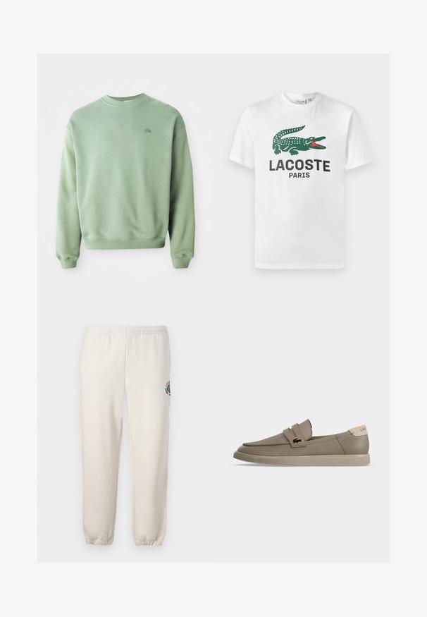 Lichtgroene crewneck sweatshirt met lange mouwen en een klein geborduurd krokodillenlogo op de linkerborst.; Lacoste T-shirt print - white; Lichtbeige sweatpants van katoen, met een elastische tailleband, geribde boorden en een groen logo met een bladerenontwerp op het linkerpand.; Beige leren instaploaier met gestructureerde zool, twee riemdetails bovenop en klein krokodillenlogo aan de zijkant.
