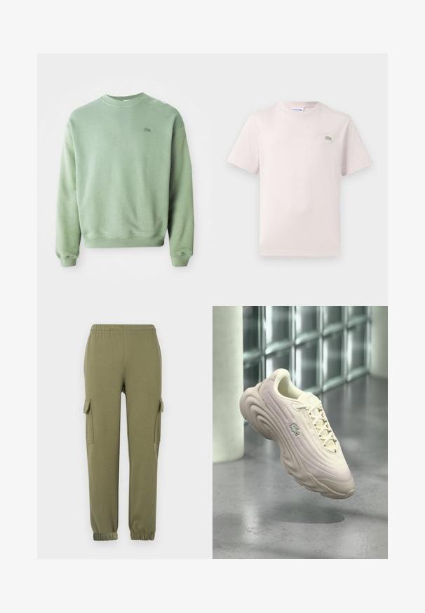 Hellgrüner Rundhalsausschnitt-Pullover mit langen Ärmeln und kleinem gesticktem Krokodil-Logo auf der linken Brust.; Helles rosa Baumwoll-T-Shirt mit Rundhalsausschnitt, kurzen Ärmeln und einem grünen, gestickten Lacoste-Logo auf der Brust. Weicher Stoff.; Cargo-Hosen aus leichtem, olivgrünem Stoff mit Seitentaschen, elastischem Bund und schmal zulaufenden Bündchen für eine bequeme Passform.; Beiger Lacoste-Sneaker mit strukturierter Sohle und Logo, schwebend über einem glatten Betonboden vor einer modernen Glasbausteinwand.