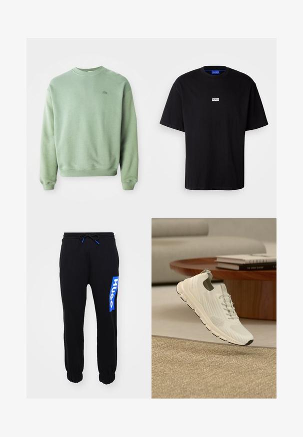 Svetlozelený crewneck sveter s dlhými rukávmi a malým vyšitým logom krokodíla na ľavej hrudi.; Čierne bavlnené tričko s kruhovým výstrihom, krátkymi rukávmi a bielym obdĺžnikovým logom "HUGO" na hrudi. Hladká textúra, voľný strih.; Čierne tepláky s elastickými manžetami a pásom, s modrým logom "HUGO" na ľavej strane. Vyrobené z mäkkého, textúrovaného materiálu.; Biele ľahké tenisky s pleteným zvrškom a hrubou podrážkou, ktoré sa vznášajú nad béžovým kobercom pri drevenom okrúhlom konferenčnom stolíku s knihami.