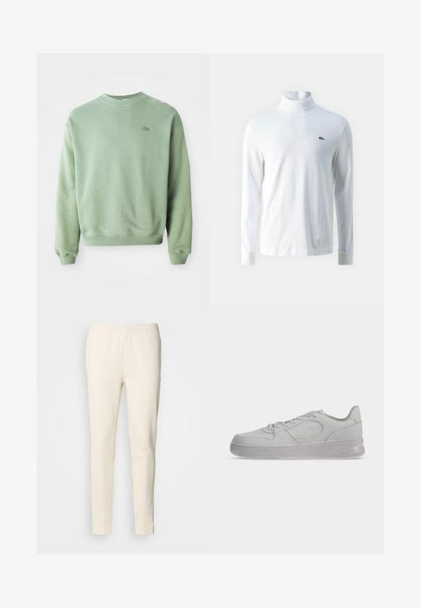 Hellgrüner Rundhalsausschnitt-Pullover mit langen Ärmeln und kleinem gesticktem Krokodil-Logo auf der linken Brust.; Weißes Langarm-Turtleneck-Shirt aus weichem Stoff, mit einem kleinen grünen gestickten Logo auf der Brust und schmalen Bündchen.; Cremfarbene Sweatpants aus weichem Stoff, mit einem elastischen Taillenbund, schmal zulaufenden Beinen und Bündchen an den Knöcheln. Einfaches Design ohne Muster.; Weißer, flacher Lacoste-Sneaker mit Schnürsenkeln, geprägtem Logo an der Seite und strukturierter Sohle auf einfachem Hintergrund.