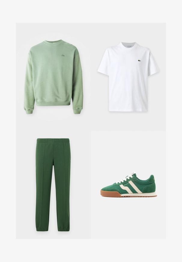 Lichtgroene crewneck sweatshirt met lange mouwen en een klein geborduurd krokodillenlogo op de linkerborst.; Effen wit T-shirt met korte mouwen, ronde hals en klein groen krokodillenlogo op de linkerborst.; Groene joggingbroek van zacht materiaal; heeft een elastische tailleband, taps toeloopende pijpen en een klein logo aan de zijkant.; Groene sneakers van suède en nylon, met witte strepen en een bruine rubberen zool. Opvallend logo aan de zijkant en veterdetails.