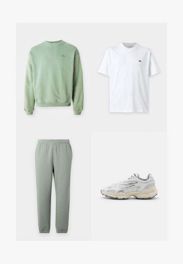 Lichtgroene crewneck sweatshirt met lange mouwen en een klein geborduurd krokodillenlogo op de linkerborst.; Effen wit T-shirt met korte mouwen, ronde hals en klein groen krokodillenlogo op de linkerborst.; Lichtgroene sweatpants met een elastische tailleband, taps toelopende pijpen en opgerolde enkelboorden. Gemaakt van zachte, lichte stof.; Witte sportieve schoenen met grijze accenten, bovenwerk van mesh en synthetisch materiaal, vetersluiting en een geprofileerde rubberen zool met looppatronen.