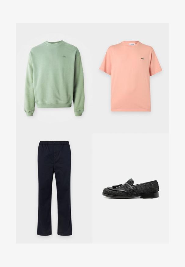 Lichtgroene crewneck sweatshirt met lange mouwen en een klein geborduurd krokodillenlogo op de linkerborst.; Lichtroze Lacoste T-shirt met korte mouwen, ronde halslijn en klein groen krokodillenlogo op de linkerborst.; Heren broek in marineblauw met elastische tailleband, knoopsluiting en rechte pijpen tegen een effen lichte achtergrond.; Zwarte geweven loafer met kwastdetail, lage hak en ronde neus, getoond in zijprofiel op witte achtergrond.