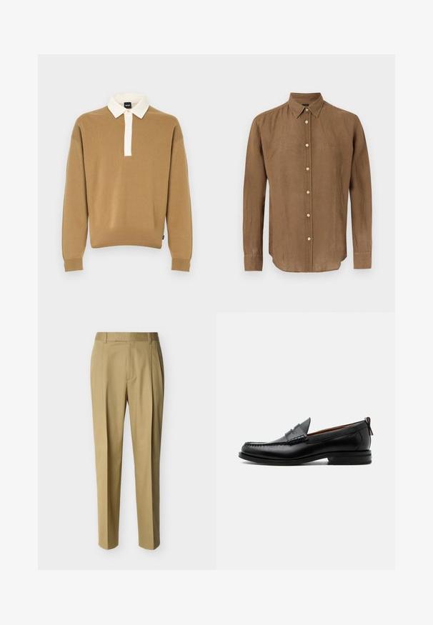 Pull en tricot marron avec un col blanc plié et une courte patte de boutonnage. Caractéristiques : manches longues et poignets côtelés.; Chemise marron à manches longues avec col, boutons blancs et logo subtil sur le côté gauche de la poitrine, présentée sur un fond blanc.; Pantalon beige ajusté avec passants de ceinture et pli frontal, présenté sur un fond clair uni.; Mocassin homme en cuir noir avec couture moc toe, bride penny, col texturé et petit talon empilé sur fond blanc.