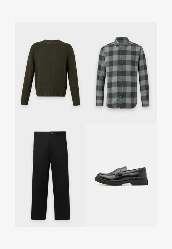 Pull côtelé vert foncé avec col rond, manches longues et ourlet ajusté. Confectionné en maille texturée.; Chemise à carreaux à boutons, présentant de grands carrés vert foncé et noirs, manches longues, col classique, et boutons en bois.; Pantalon en coton noir coupe droite, avec une taille standard, des passants de ceinture et une fermeture à un bouton. Texture lisse, sans motifs.; Mocassin en cuir noir avec une large sangle sur le devant, semelle en caoutchouc à épaisse rainure, et texture lisse. Design classique et élégant.