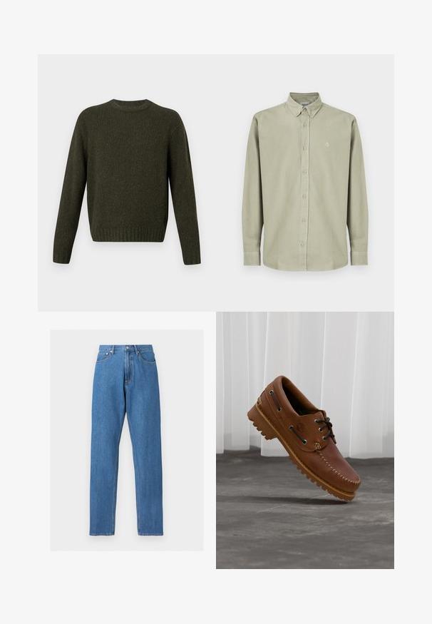 Pull côtelé vert foncé avec col rond, manches longues et ourlet ajusté. Confectionné en maille texturée.; Chemise à manches longues verte clair avec col classique, ornée d'un logo sur la poitrine, de poignets boutonnés et en tissu coton lisse.; Jean bleu droit taille haute avec poches avant, passants pour ceinture, fermeture par bouton, et couture orange visible sur fond gris clair.; Chaussure de bateau en cuir marron avec des lacets noirs, des coutures beiges et une semelle robuste, suspendue au-dessus d'un sol en béton gris.