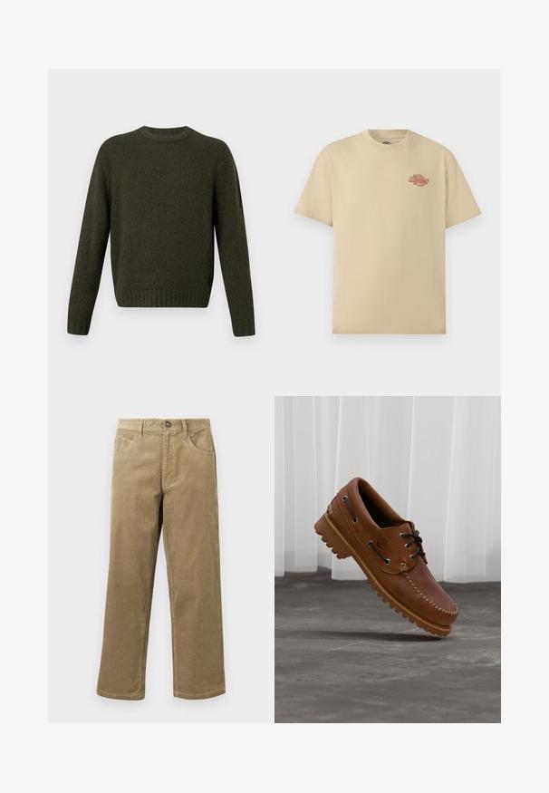 Pull côtelé vert foncé avec col rond, manches longues et ourlet ajusté. Confectionné en maille texturée.; T-shirt beige à manches courtes avec col rond, petit logo rouge "Dickies" sur la poitrine gauche.; Pantalon en velours côtelé marron clair, avec une coupe droite, cinq poches et une fermeture à bouton. Tissu texturé avec un léger effet de côtes.; Chaussure de bateau en cuir marron avec des lacets noirs, des coutures beiges et une semelle robuste, suspendue au-dessus d'un sol en béton gris.