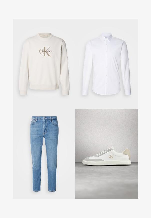 Witte crewneck sweatshirt van zachte stof, met een groot beige Calvin Klein-logo op de voorkant, voorzien van geribde manchetten en onderrand.; Witte lange mouwen knoopshirt gemaakt van gladde katoenstof, met een klassieke kraag, knoopsluiting en een gebogen zoom.; Lichtblauwe denim jeans met een rechte pasvorm, vijf zakken en subtiele vervaging. Voorzien van een knoopsluiting en riemlussen.; Witte Calvin Klein sneaker met beige suède accenten en logo, zwevend boven een gladde grijze vloer met op de achtergrond een glazen blokmuur.