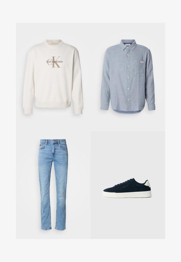 Weißes Crewneck-Sweatshirt aus weichem Stoff, mit einem großen beigen Calvin Klein-Logo auf der Vorderseite, und gerippten Bündchen sowie Saum.; Hellblau gestreiftes Button-Up-Hemd, aus Baumwollstoff, mit langen Ärmeln, spitzem Kragen, einer einzelnen Brusttasche und Logo-Tag-Details.; Hellblaue Jeans aus Denim mit geradem Bein, Fünf-Taschen-Design, Knopfverschluss und dezenten verblassten Details an Oberschenkeln und Knien.; Marineblaues Wildleder-Sneaker mit weißer Gummisohle, runder Zehenform und kontrastierendem Fersenriegel; verfügt über tonale Schnürsenkel und ein Logodetail an der Seite.