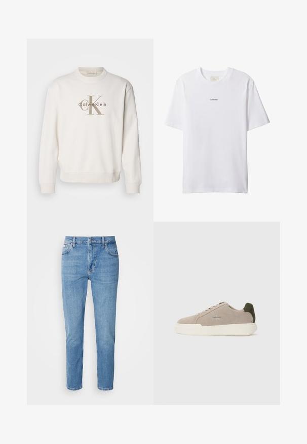 Hvid crewneck sweatshirt lavet af blødt stof, der har et stort beige Calvin Klein-logo på forsiden, med ribbede manchetter og bund.; Hvid bomuld t-shirt med rund hals og korte ærmer. Har en lille sort "Calvin Klein"-logo centreret på brystet.; Lys blå denim jeans med lige snit, fem-lomme design og subtilt slid. Har knaplukning og bæltestropper.; Beige ruskinds sneakers med en hvid gummisål, der har en mørkegrøn hælaccent og subtil branding på siden.