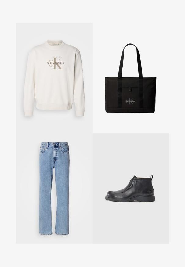 Hvid crewneck sweatshirt lavet af blødt stof, der har et stort beige Calvin Klein-logo på forsiden, med ribbede manchetter og bund.; Lyseblå denimjeans med lige ben design, fem lommer og knaplukning. Syninger nær lommer og talje.; Sorte læder ankelstøvler med rund tå, snørelukning og en løkke bagpå. Tekstureret overdel og gummisål.; Sort Calvin Klein tote taske med to lange håndtag og lomme foran, med mærkets logo i hvid og grå.