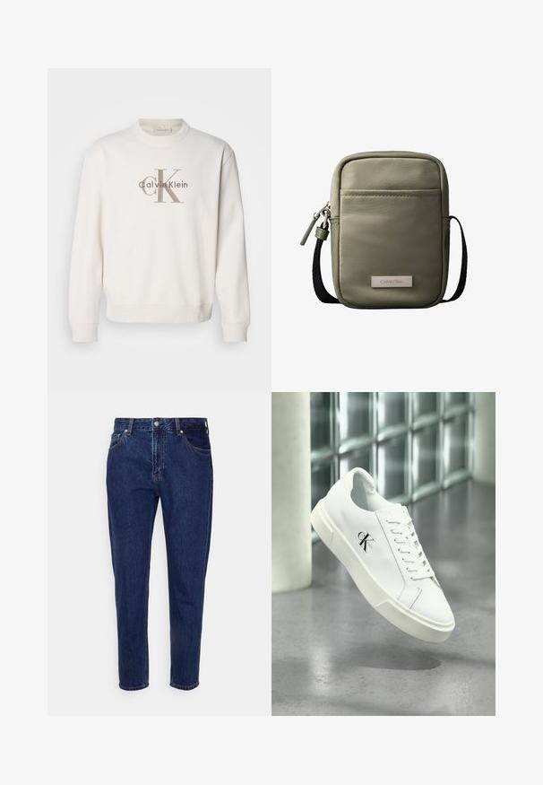 Hvid crewneck sweatshirt lavet af blødt stof, der har et stort beige Calvin Klein-logo på forsiden, med ribbede manchetter og bund.; Mørkeblå straight-leg cowboybukser med forreste knap- og lynlås-lukning, bæltestropper samt for- og baglommer.; Hvid Calvin Klein sneaker med snørebånd, vist svævende over en poleret betongulv og en baggrund af glasblokke.; Kompakt korsbodytaske i olivengrøn med forlomme, sort justerbar rem, lynlåslukning og Calvin Klein logo-plakette.
