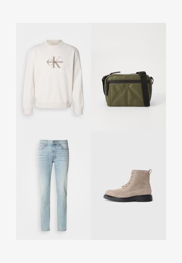 Weißes Crewneck-Sweatshirt aus weichem Stoff, mit einem großen beigen Calvin Klein-Logo auf der Vorderseite, und gerippten Bündchen sowie Saum.; Helle blaue Jeans aus Denim, mit geradem Beinschnitt, mittelhoher Taille und dezentem Verblassen. Enthält fünf Taschen und einen Metallknopf.; Beige Wildleder-Ankle Boots mit schwarzer Gummisohle, Schnürdesign und kleinem, seitlich eingeprägtem Logo, ausgestattet mit einer Zuglasche am Hinterkopf.; Olivgrüner, gepolsterter Stoffbeutel mit einem schwarzen Tragegurt, ausgestattet mit einem oberen Reißverschluss und einer äußeren Reißverschlusstasche, die geometrische Musterakzente zeigt.