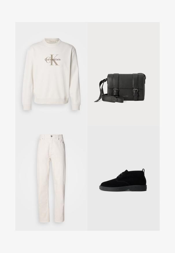 Weißes Crewneck-Sweatshirt aus weichem Stoff, mit einem großen beigen Calvin Klein-Logo auf der Vorderseite, und gerippten Bündchen sowie Saum.; Weiße Denim-Jeans mit geradem Bein, Knopf- und Reißverschluss, Gürtelschlaufen sowie Vorder- und Hintertaschen, auf einfarbigem Hintergrund gezeigt.; Schwarze Wildleder-Stiefeletten mit runder Zehenpartie, Schnürdesign, schwarzem Gummisohle und einem Zugband an der Rückseite für einfaches An- und Ausziehen.; Schwarze Leder-Crossbody-Tasche mit strukturierter Oberfläche, doppelten Schnallenverschlüssen und einem verstellbaren Tragegurt. Verfügt über ein geprägtes Logo auf der Vorderseite.