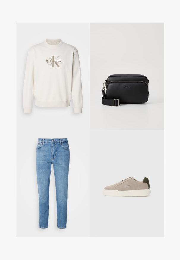 Hvid crewneck sweatshirt lavet af blødt stof, der har et stort beige Calvin Klein-logo på forsiden, med ribbede manchetter og bund.; Lys blå denim jeans med lige snit, fem-lomme design og subtilt slid. Har knaplukning og bæltestropper.; Beige ruskinds sneakers med en hvid gummisål, der har en mørkegrøn hælaccent og subtil branding på siden.; Sort læder crossbody taske med to lynlåslommer, struktureret overflade, justerbar rem og sølvhardware detaljer. Calvin Klein-logoet er vist.