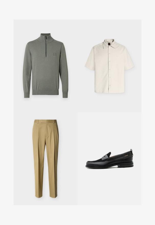 Pull-over gris à col montant avec une fermeture éclair d'un quart. Comprend des poignets et un ourlet côtelés, fabriqué en maille lisse et texturée.; Chemise beige à manches courtes, boutonnée, col pointu et logo discret de la marque sur le côté gauche de la poitrine.; Pantalon beige ajusté avec passants de ceinture et pli frontal, présenté sur un fond clair uni.; Mocassin en cuir noir avec détail de bride grise, talon bas et semelle texturée, marqué "HUGO" en or sur le côté.