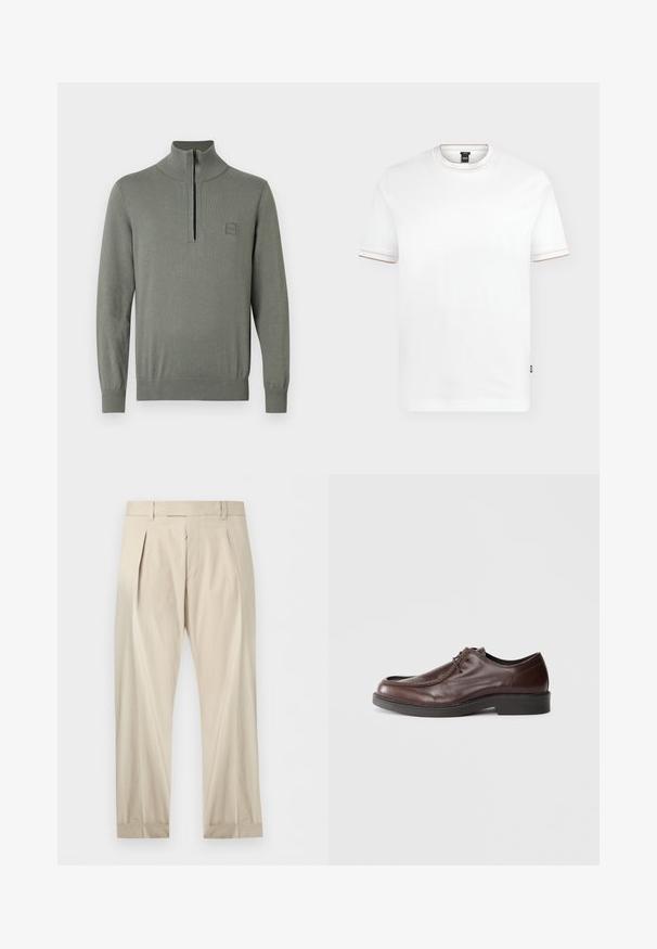 Pull-over gris à col montant avec une fermeture éclair d'un quart. Comprend des poignets et un ourlet côtelés, fabriqué en maille lisse et texturée.; T-shirt blanc manches courtes à col rond avec une bordure beige subtile sur le col et les manches, et une petite étiquette noire de la marque sur le côté inférieur.; Pantalon beige plissé avec passants de ceinture, poches avant et ourlets retroussés, présenté à plat sur fond blanc.; Chaussure habillée en cuir marron avec un bout arrondi, des accents de couture minimum, et une semelle noire robuste. Présente un système de laçage et une texture lisse.